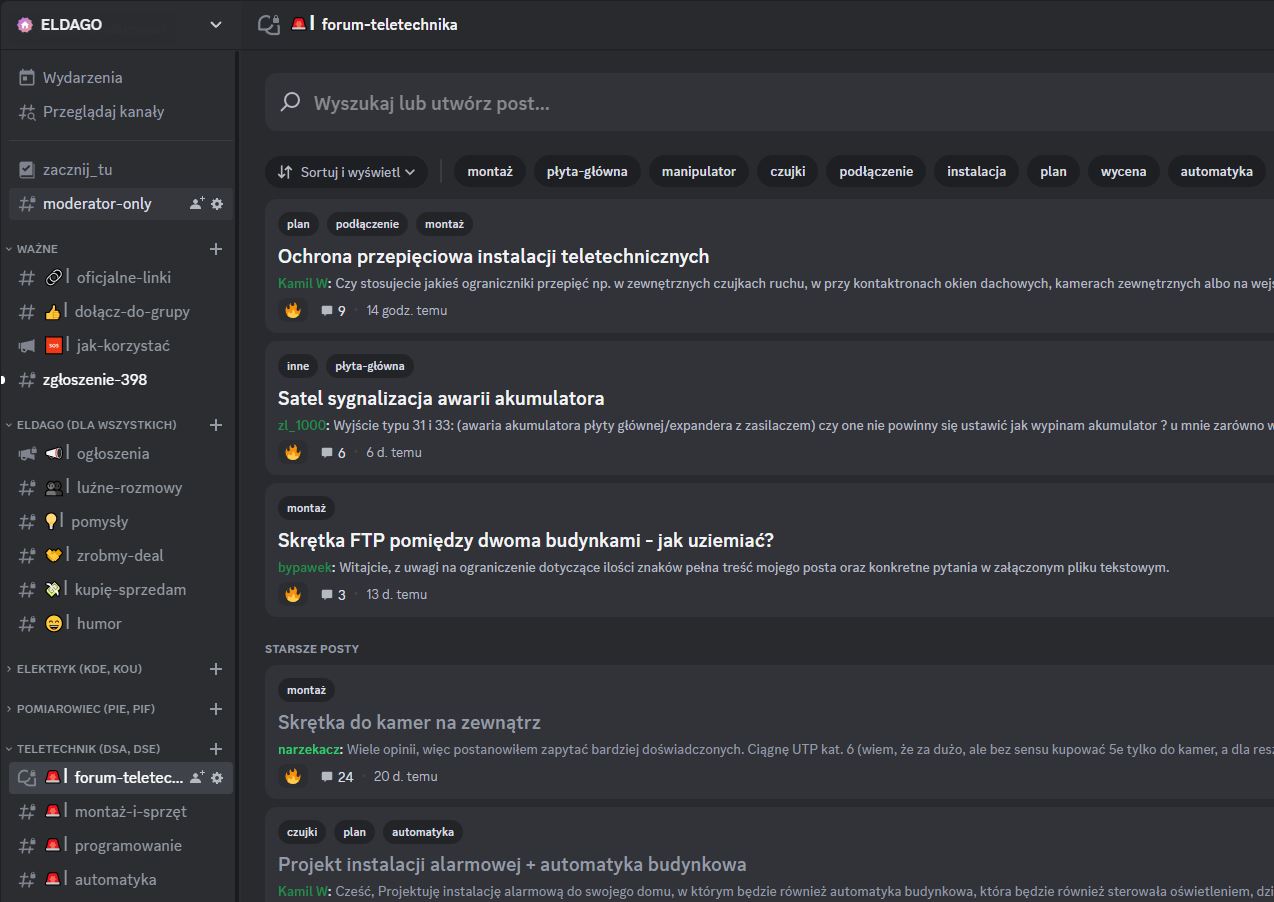 Zrzut ekranu z serwera Discord Eldago. Widok na forum dyskusyjne grupy Teletechnik.